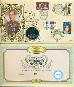 Гибралтар, 1993,1 крона, Георг VI, конверт Англия + сертификат Гибралтар, 1993,1 крона, Георг VI, конверт Англия + сертификат
